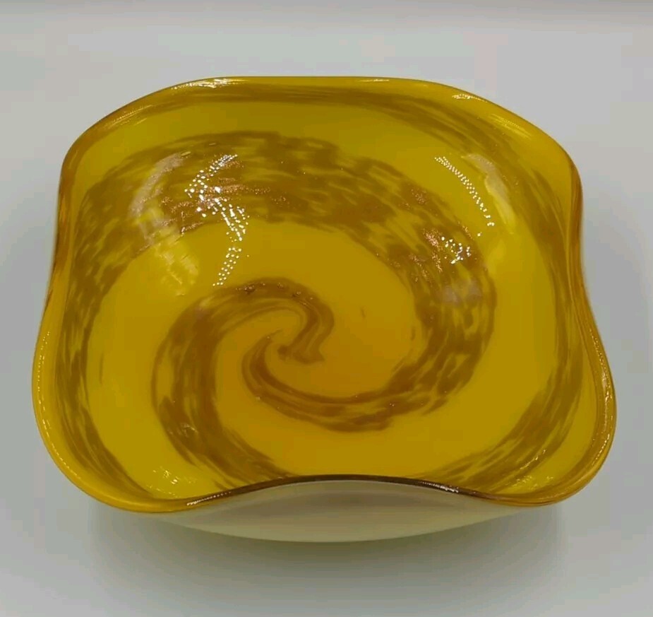 Vintage Yellow And Gold Swirl Art Glass Square Bowl