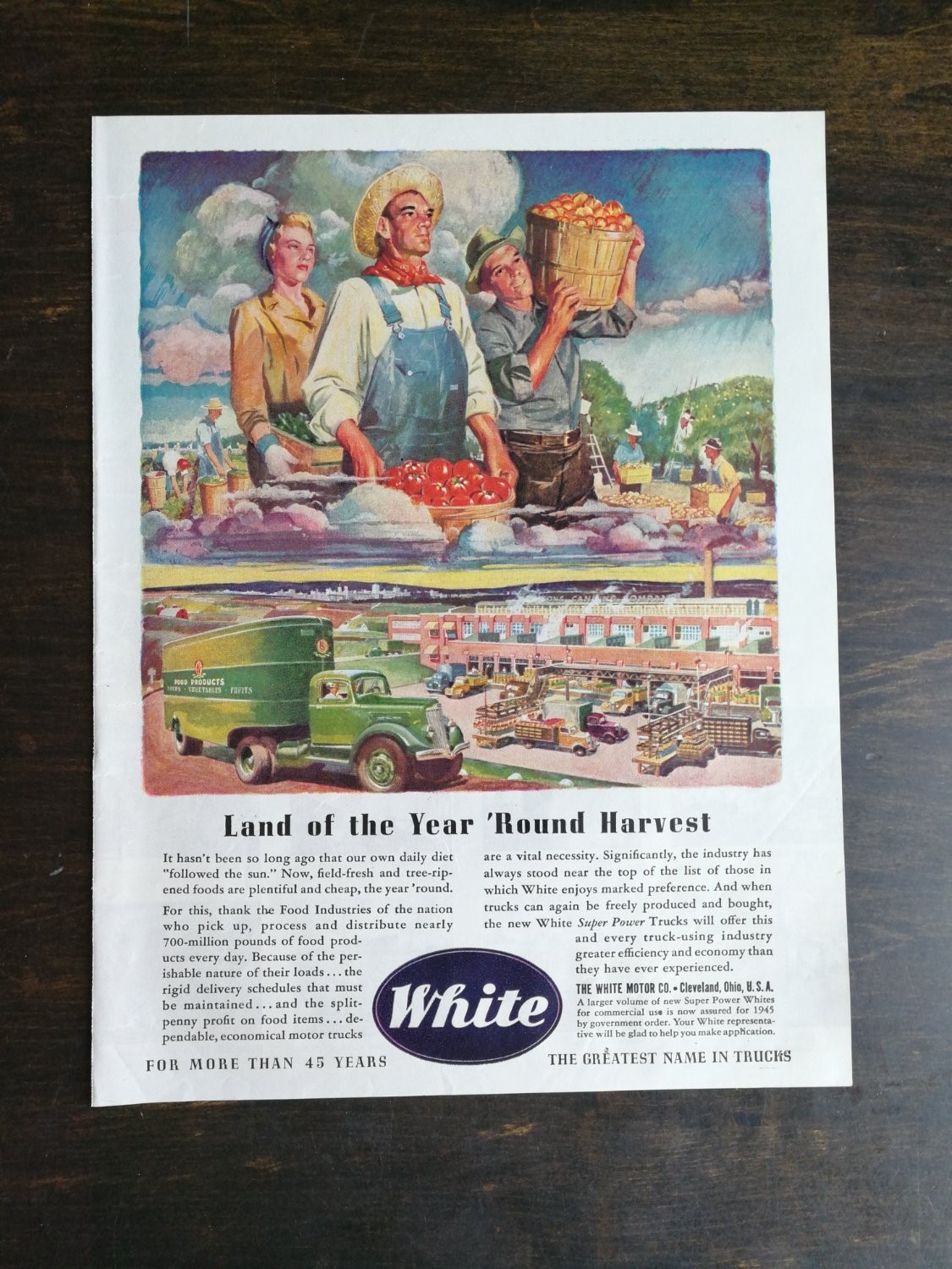 1944 White Trucks Vintage Print Ad Land of the Year Round Harvest Farm Food Art