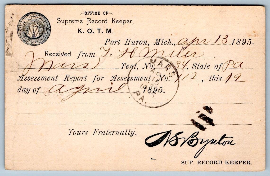 1895 Knights of the Maccabees K.O.T.M. Postcard Office of Supreme Record Keeper