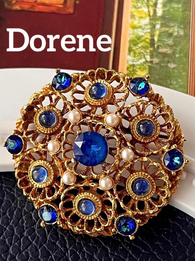 Dorene Vintage Brooch Gold & Blue 1960s-70s Elegant Filigree Collector's Item