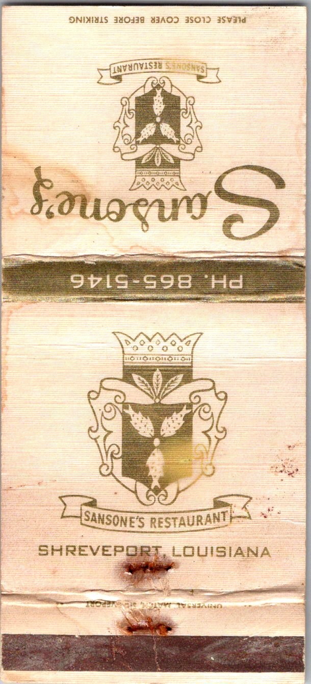 Sansone's Restaurant Shreveport LA Vintage Matchbook Cover TMM12-10