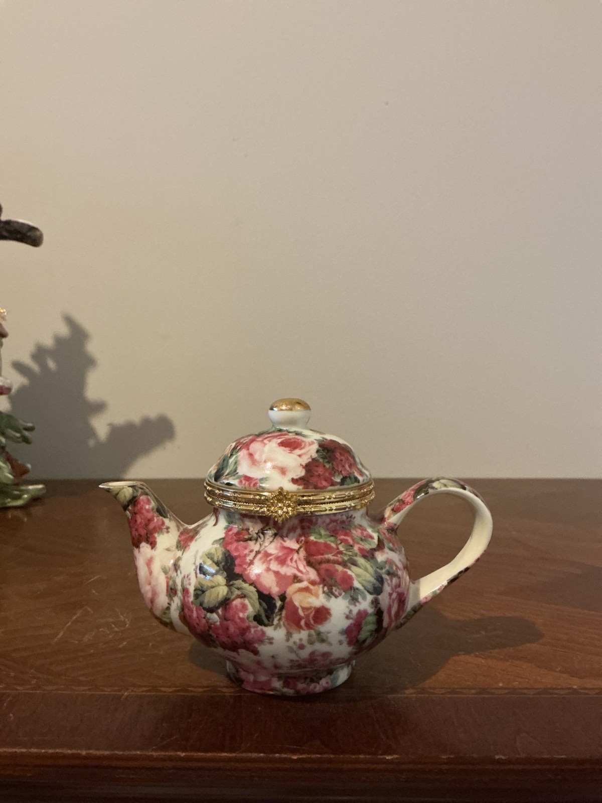 a Formalities by Baum Bros. Porcelain Roses Teapot Trinket Box