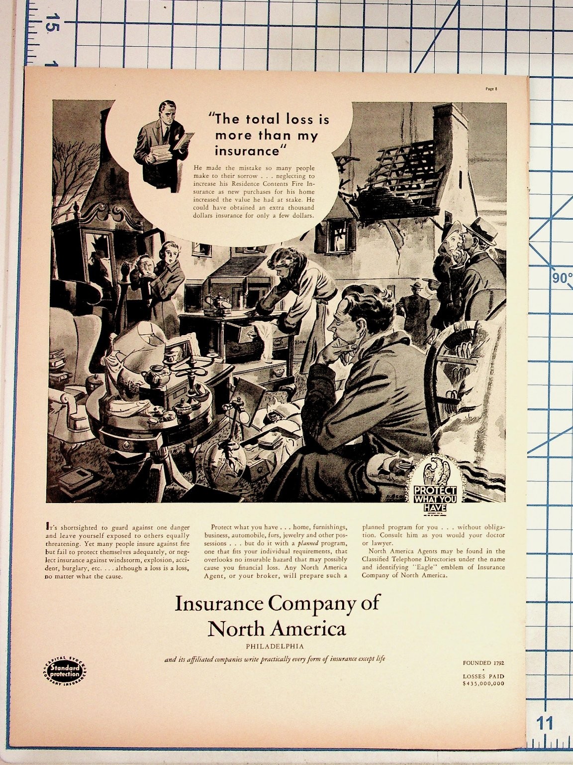 Vintage 1940s-50s Insurance Co. North America Magazine Ad Fire Loss Ephemera Vintage 1940s-50s Insurance Co. North America Magazine Ad Fire Loss Ephemera