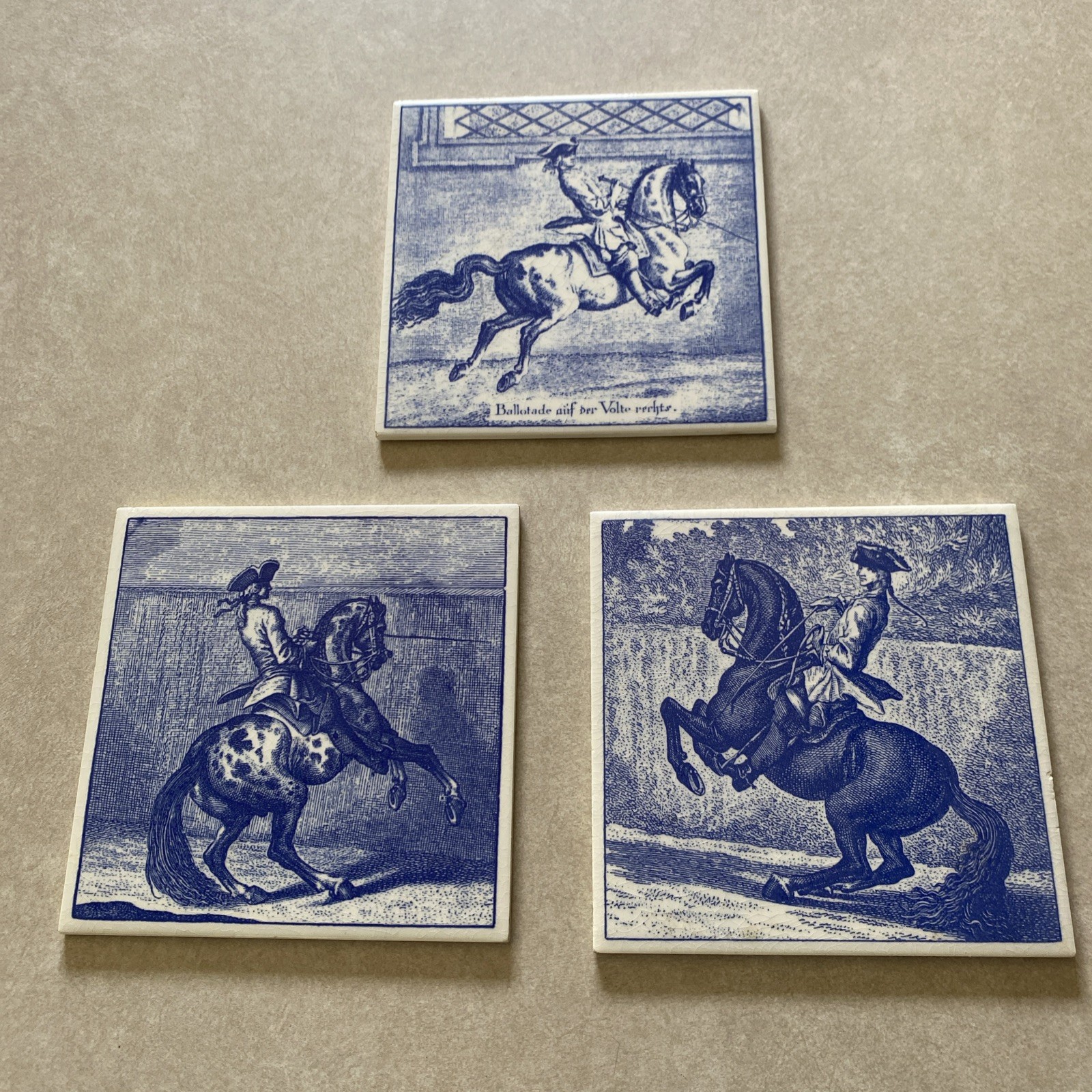 3 Vtg Blue/ White 1960 ‘s Ceramic Art Wall Tiles Horse/ Rider Made In Germany