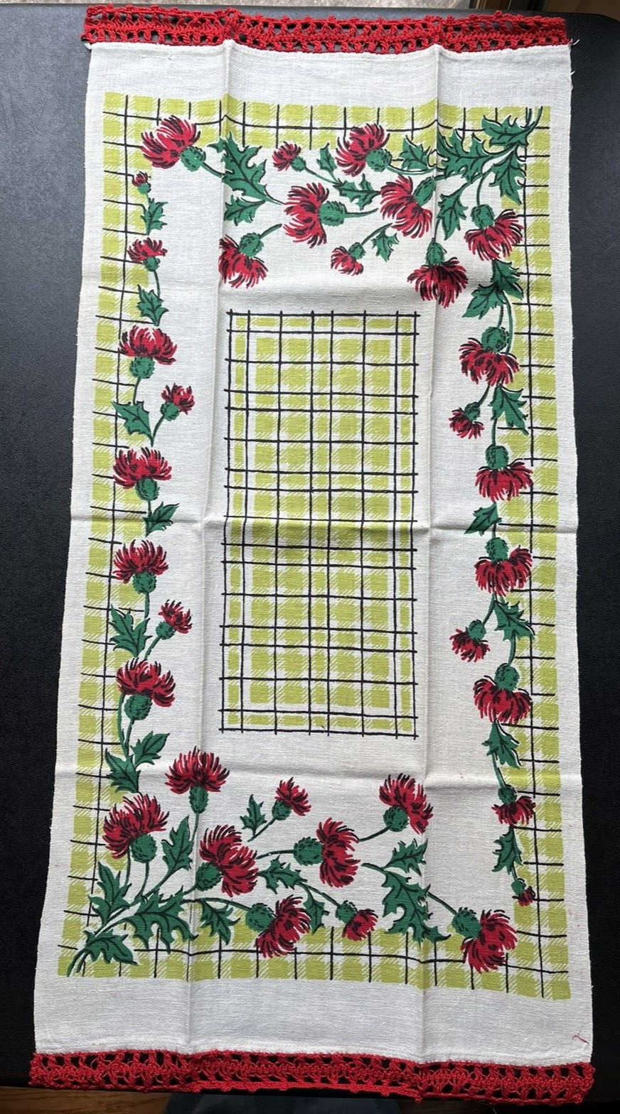 Vintage Linen Tea Towel Red Thistle & Green w/Trim 16x33