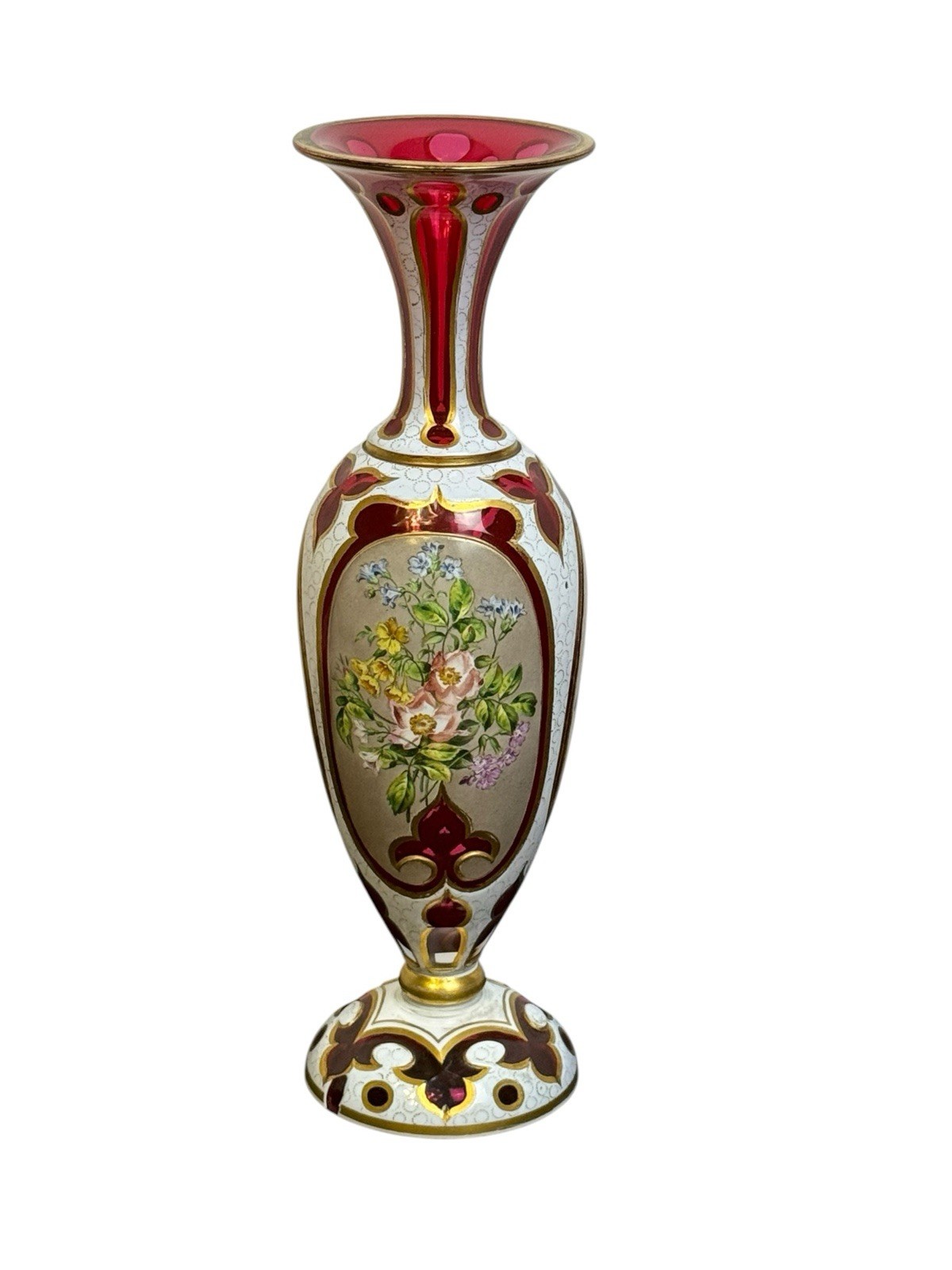 Antique Bohemian Cranberry Cut Glass Vase Hand-painted Overlay  1900s 12.75”