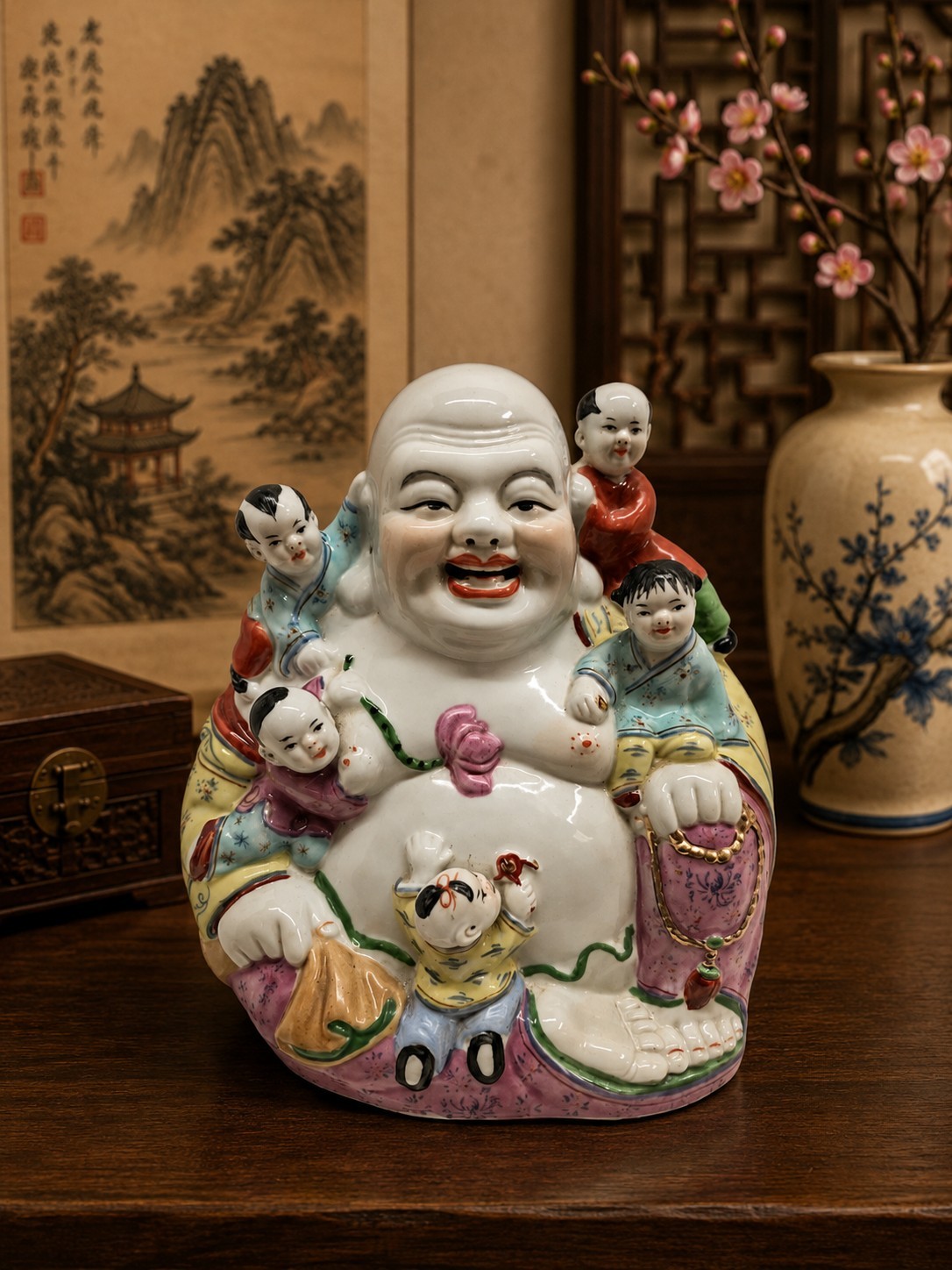 Vintage Laughing Smiling Happy Buddha with Five Children Ceramic Figurine 8\