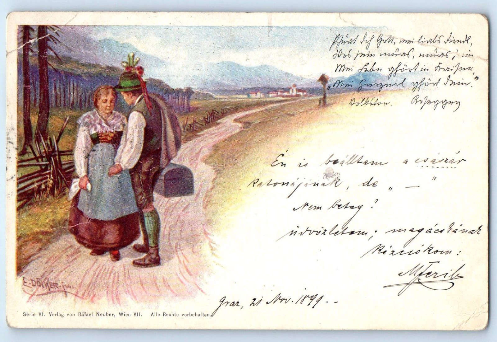Budapest Hungary Postcard E. Döcker Couple View on Road 1899 Antique Posted