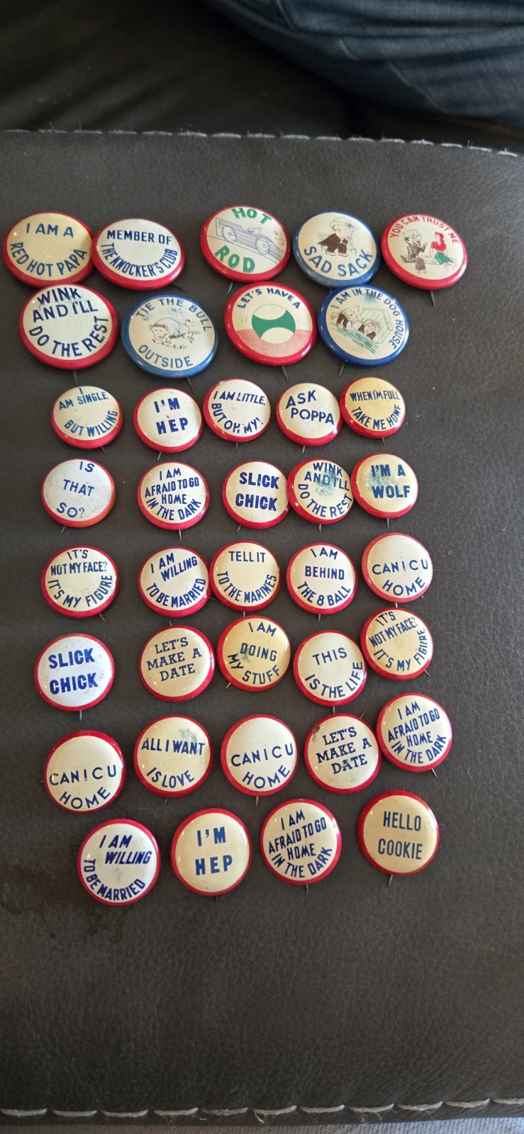 Vintage 1940s WWII Tin Litho Soldier Humor Risque Pin Button Lot of 38 