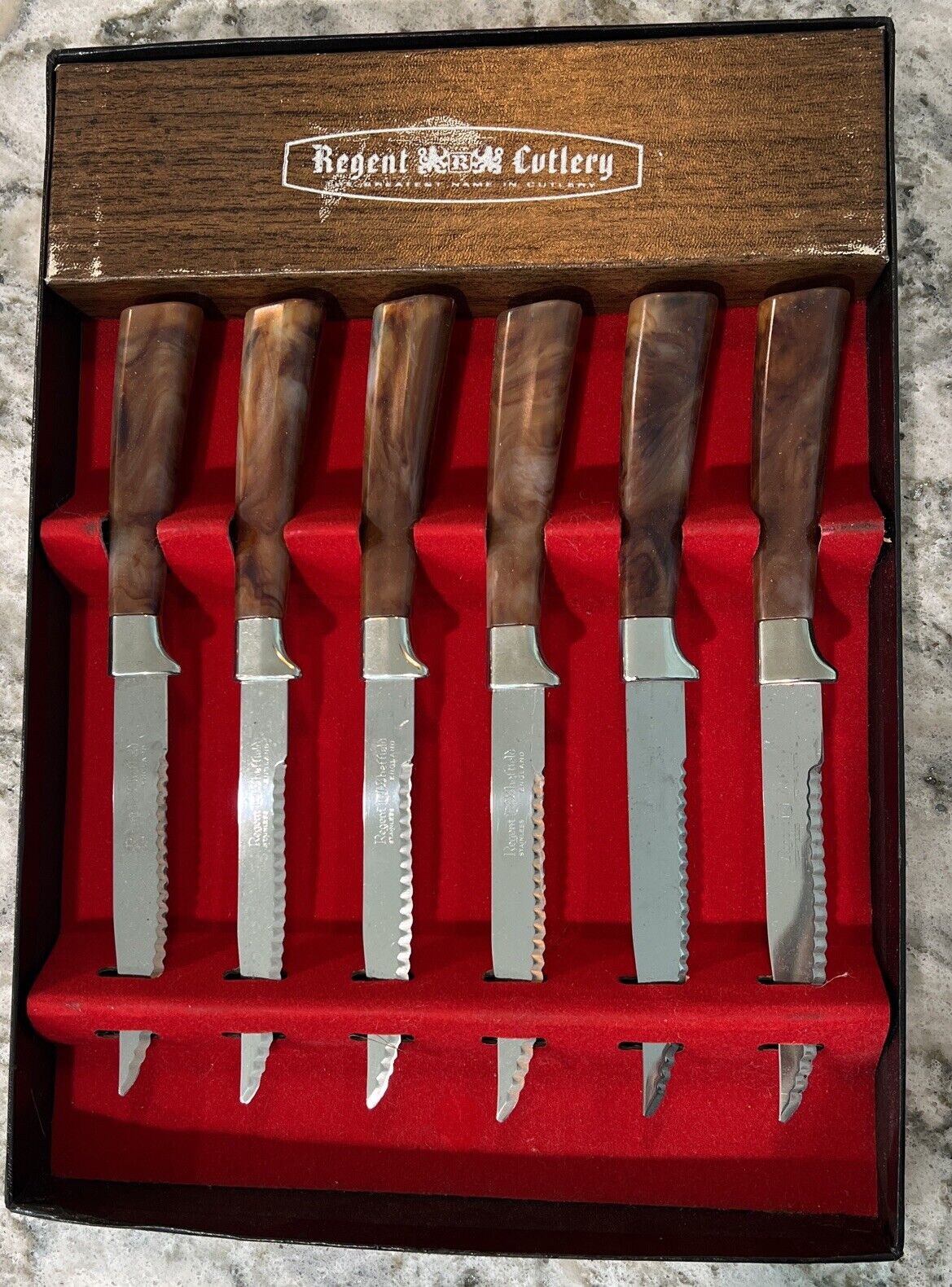 Vtg Regent Sheffield England Cutlery Steak Knives Set 6 Marbled Bakelite Handle
