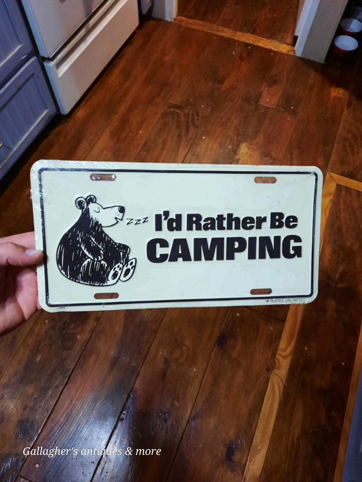 NOS Vintage I\'d Rather Be Camping Booster License Plate RV Camper Tent Yogi Bear