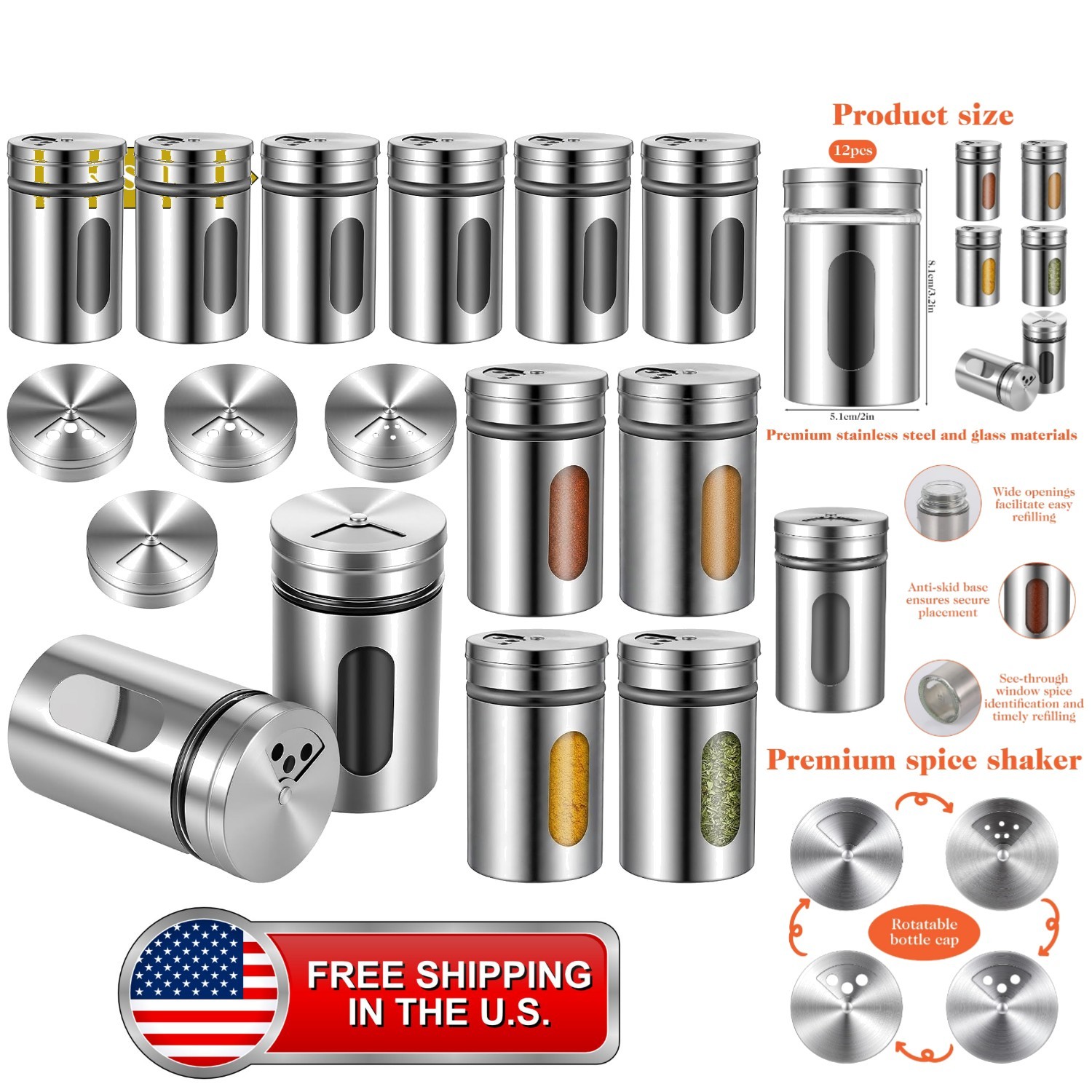 12 PCS Stainless Steel Salt and Pepper Shakers Set with Adjustable Pour Holes... 12 PCS Stainless Steel Salt and Pepper Shakers Set with Adjustable Pour Holes...