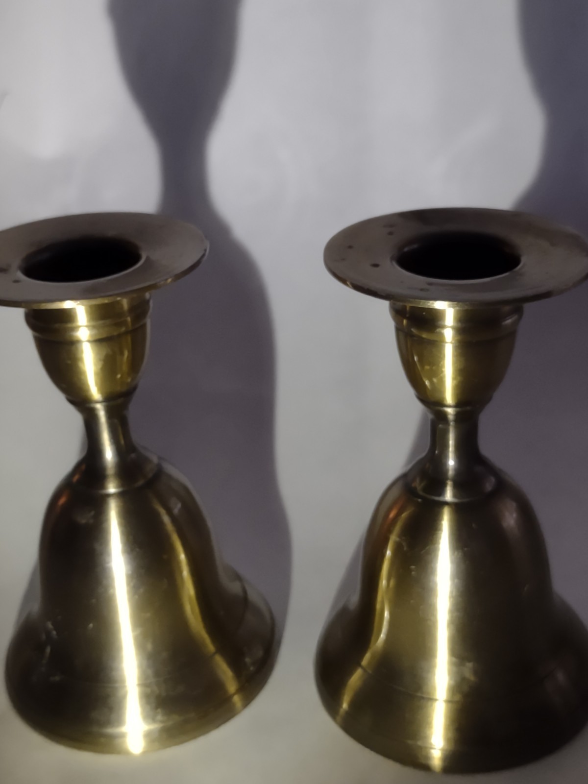 Heavy Solid Brass Bell Candle Holders Pair Vintage Taper Candlestick Hand Bell