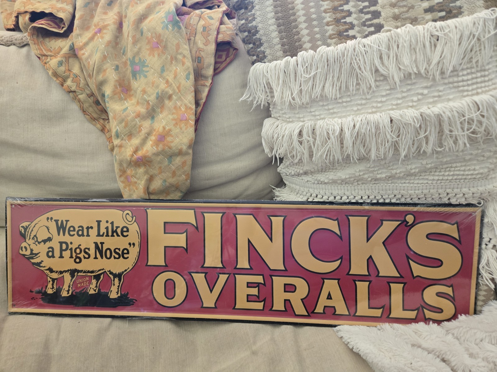 Finck\'s Overalls  Wear Like a Pigs Nose Embossed Metal Sign Brand New