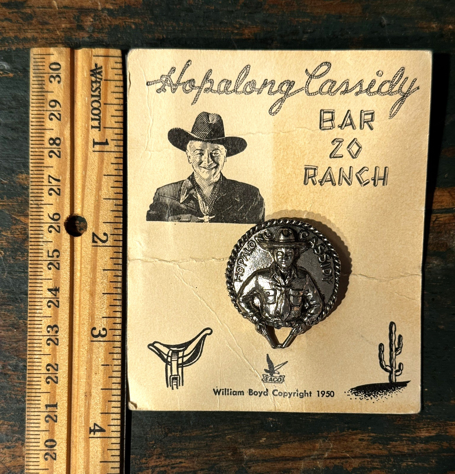 Vintage 1950 Hopalong Cassidy Bar 20 Ranch Pin On OG Card Cowboy Western Pinback