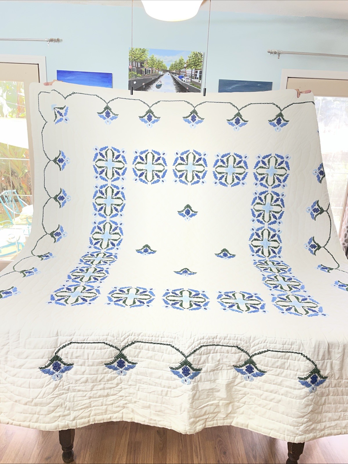 Vintage 95”x82” Hand Cross Stitched, Hand Quilted  Quilt. Gorgeous 1960s Large