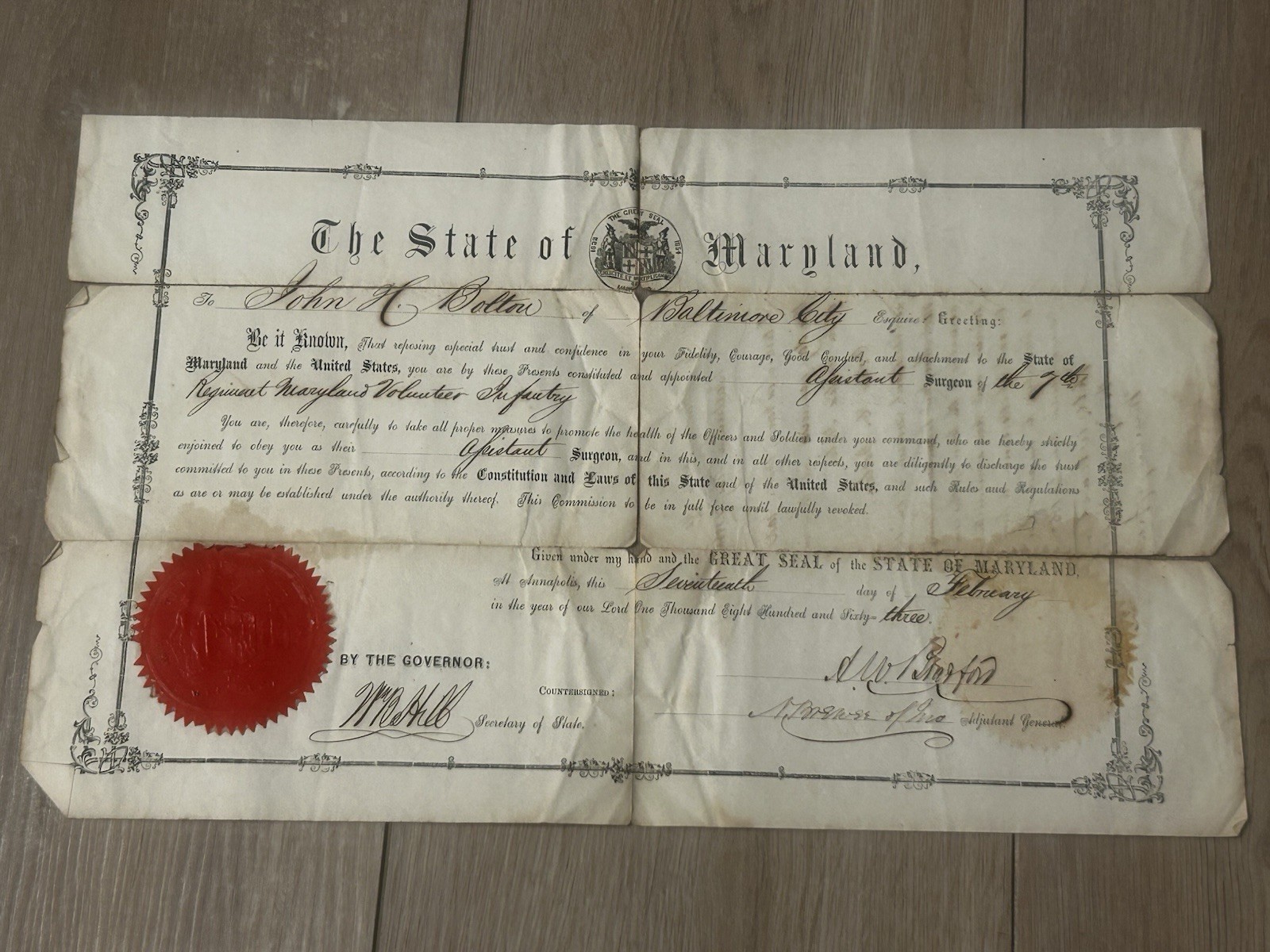 RARE 1863 Civil War Surgeon 7th Regiment Maryland Volunteer Infantry Bradford
