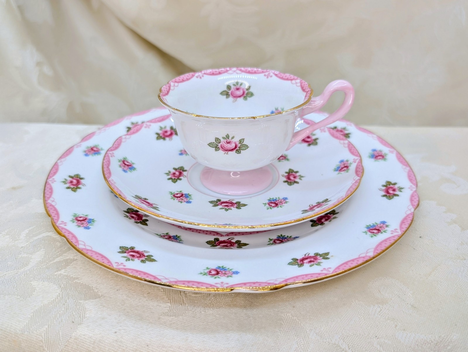 Vintage Shelley Lincoln Demitasse Trio Pink Roses & Swags Pedestal Saucer Salad