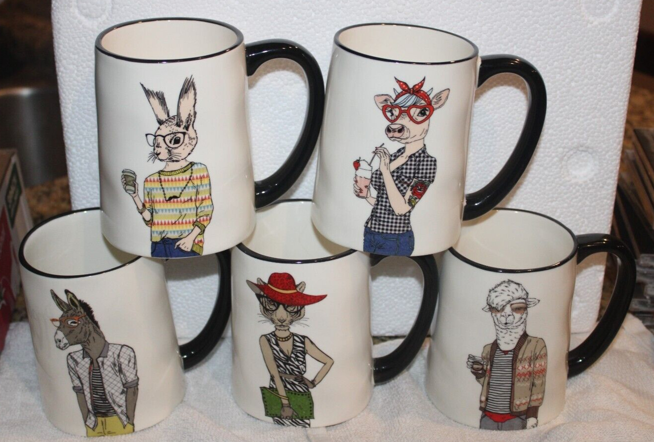 Signature Hipster Animal Stoneware Mugs - Lot of 5