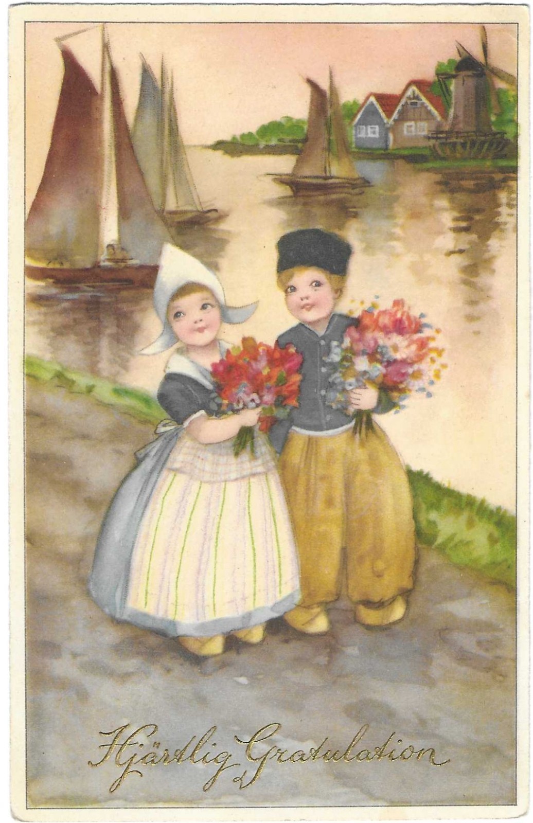 Vintage Greetings Postcard  Hjartlig Gratulation Heartfelt Congratulations