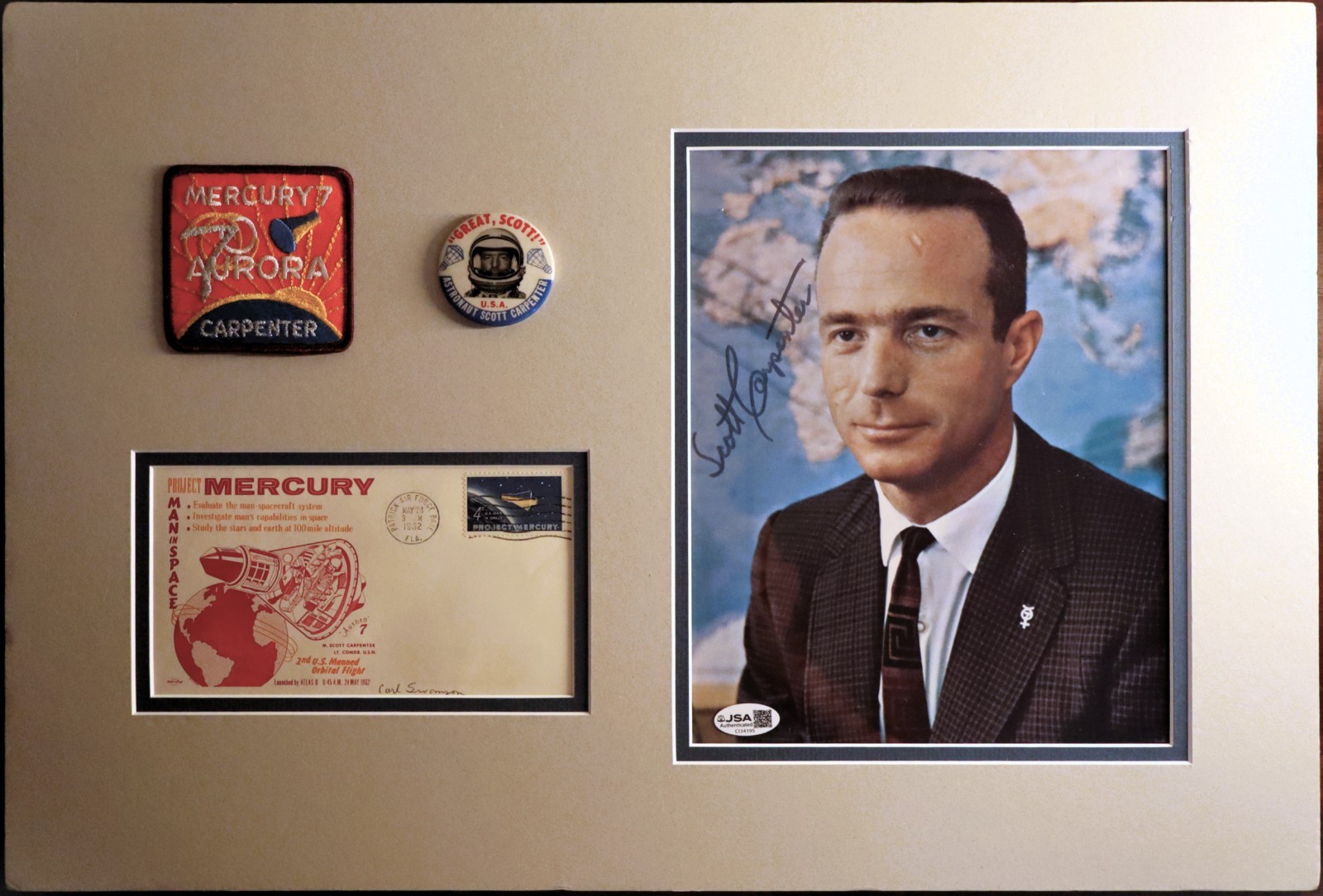 Scott Carpenter Mercury 7 Astronaut Signed Photo & Aurora 7 Cover Matted JSA COA