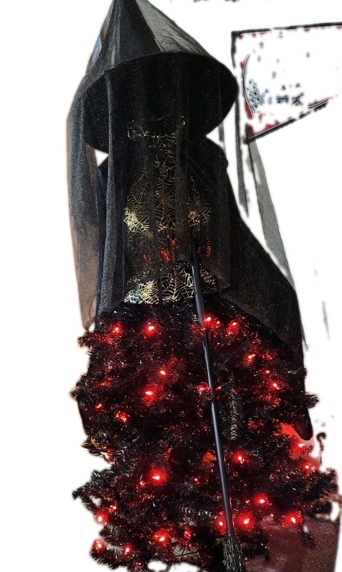 5 Ft. Blk Halloween Tree with Orange Lights; Gld Witch Bodice, Blk Hat & Broom 