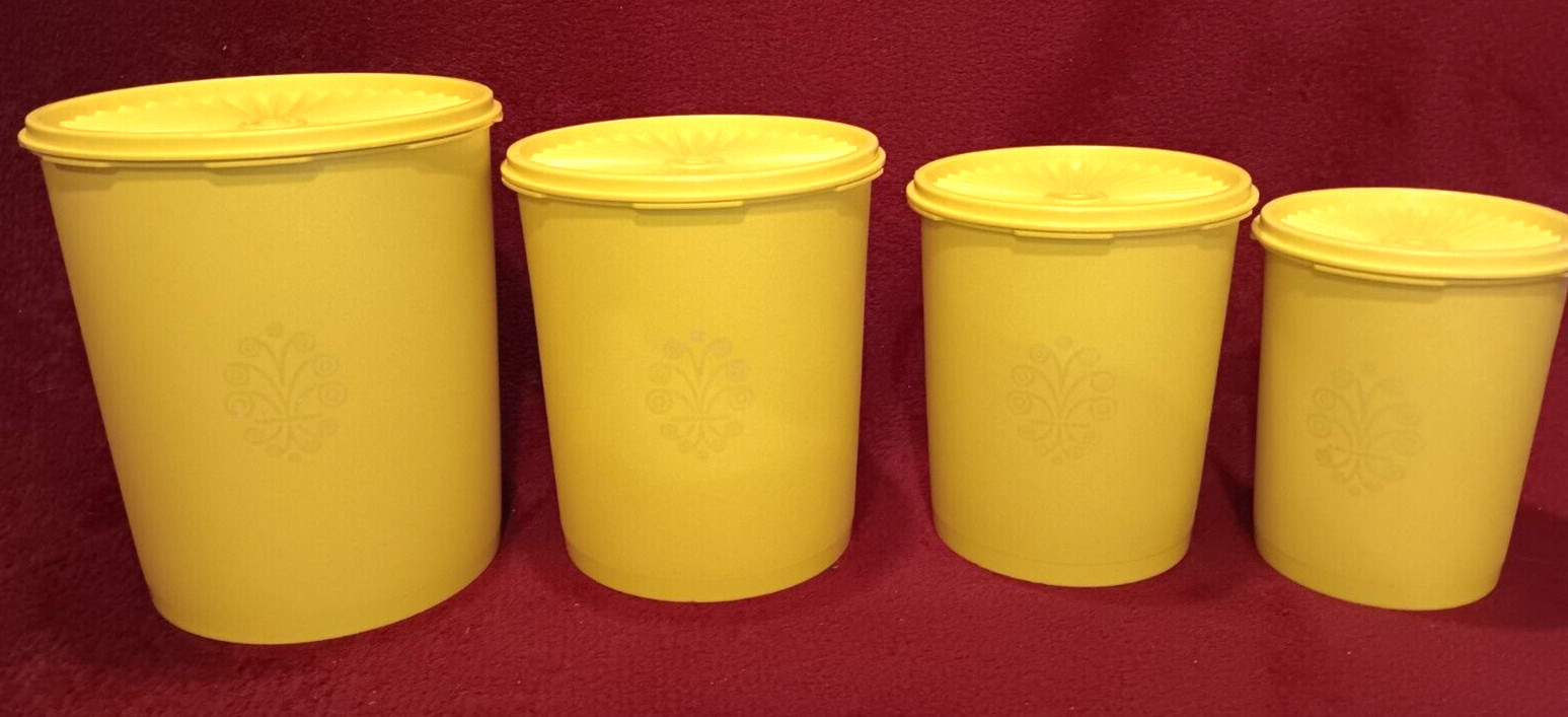 Vintage Tupperware Servalier Canisters Yellow Set of 4 Lids Nesting NICE Read