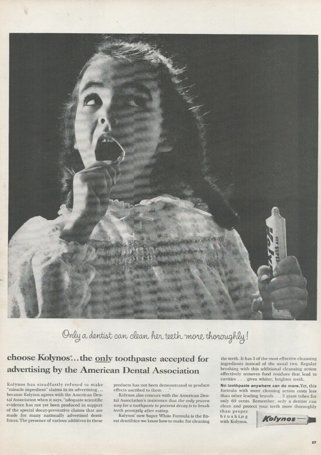 1959 Kolynos Toothpaste Dentist Can Clean Her Teeth More Thoroughly Print Ad