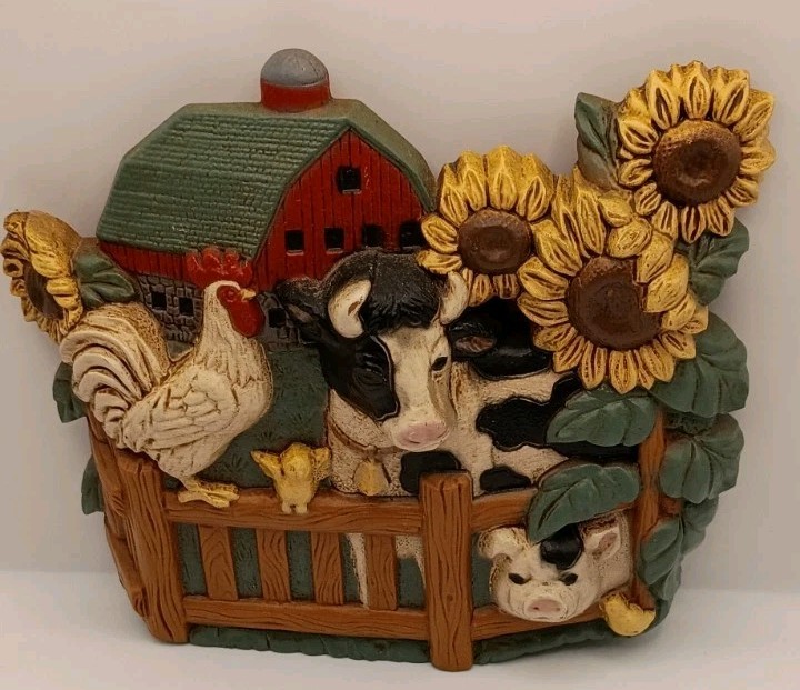 Vtg. 90s Home Interiors & Gifts Barnyard Animals 3D Wall Plaque Sunflower Cows 