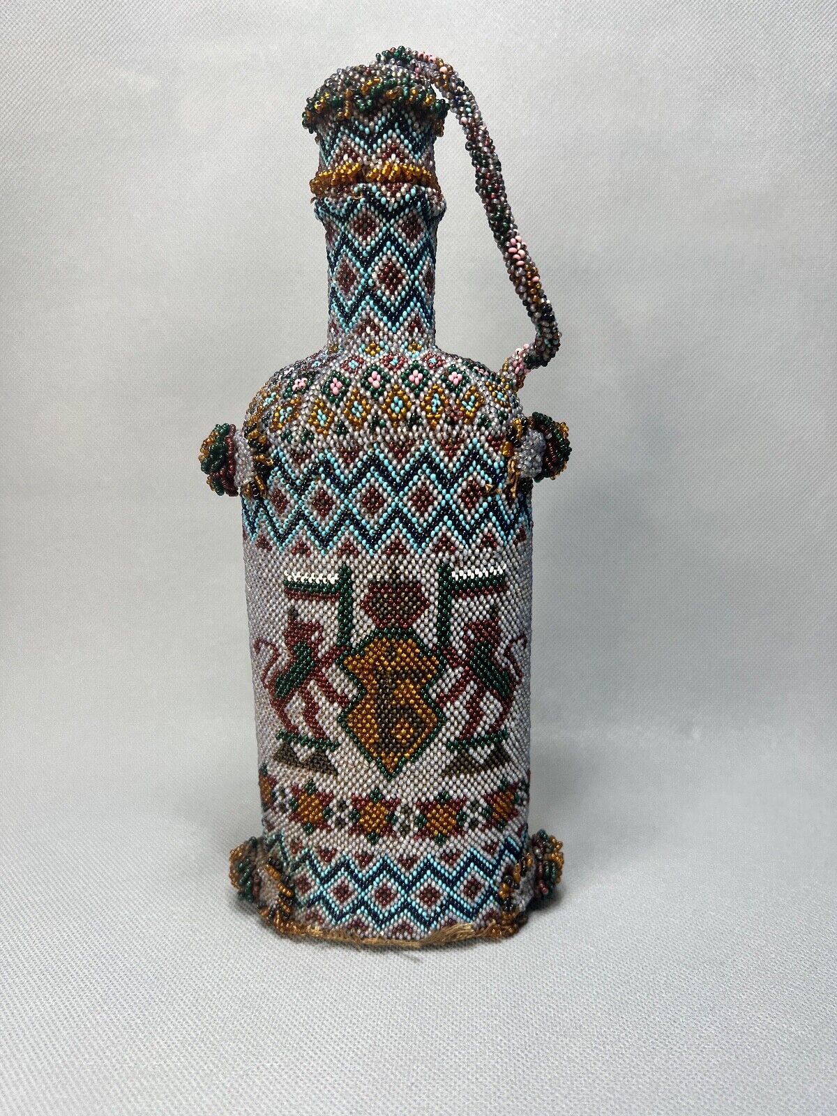 1894 Bulgarian King Boris III Glass Beadwork Beaded Crochet Bottle Flask Strap