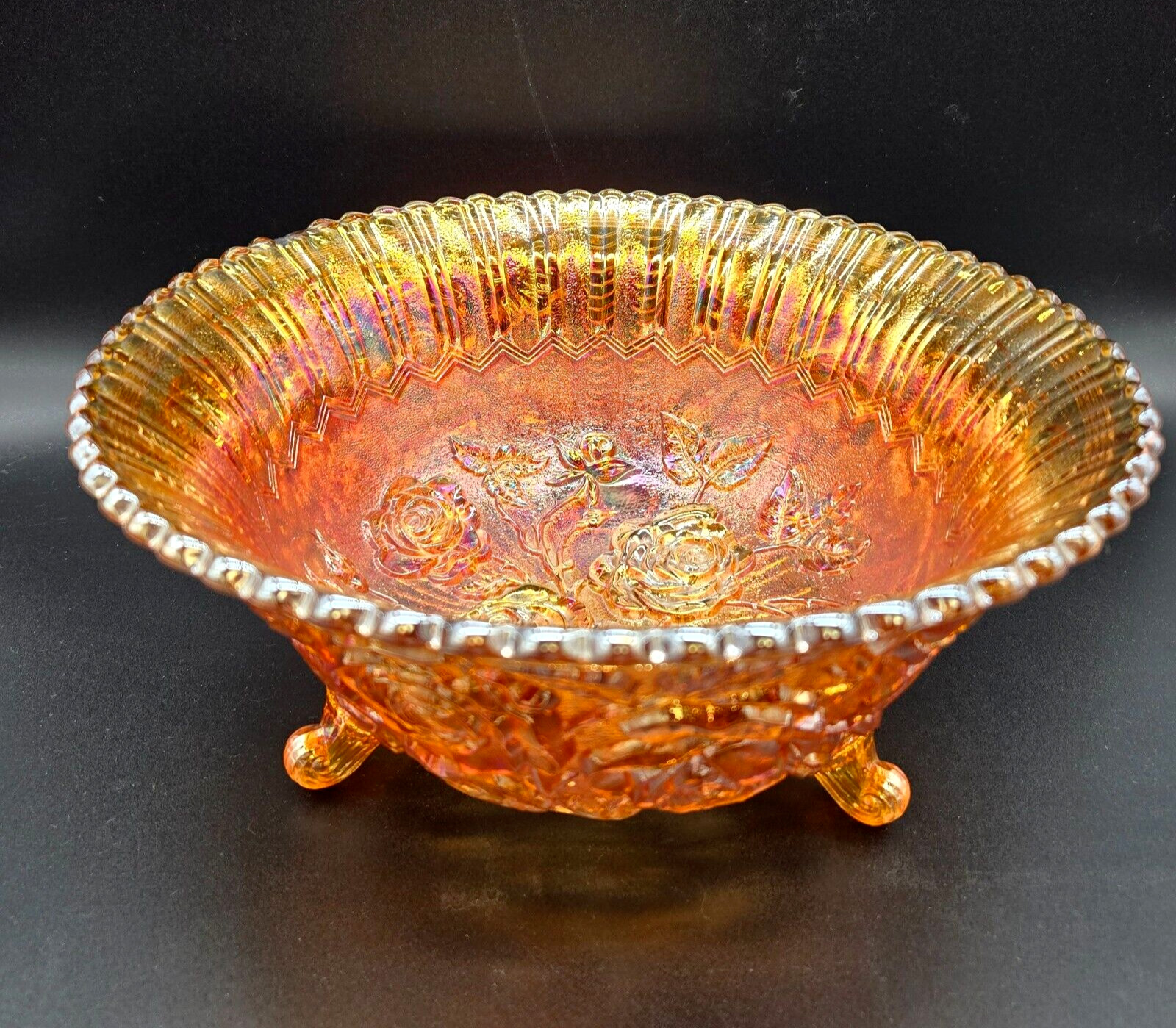 Vintage Marigold Carnival Glass Open Rose Bowl Footed