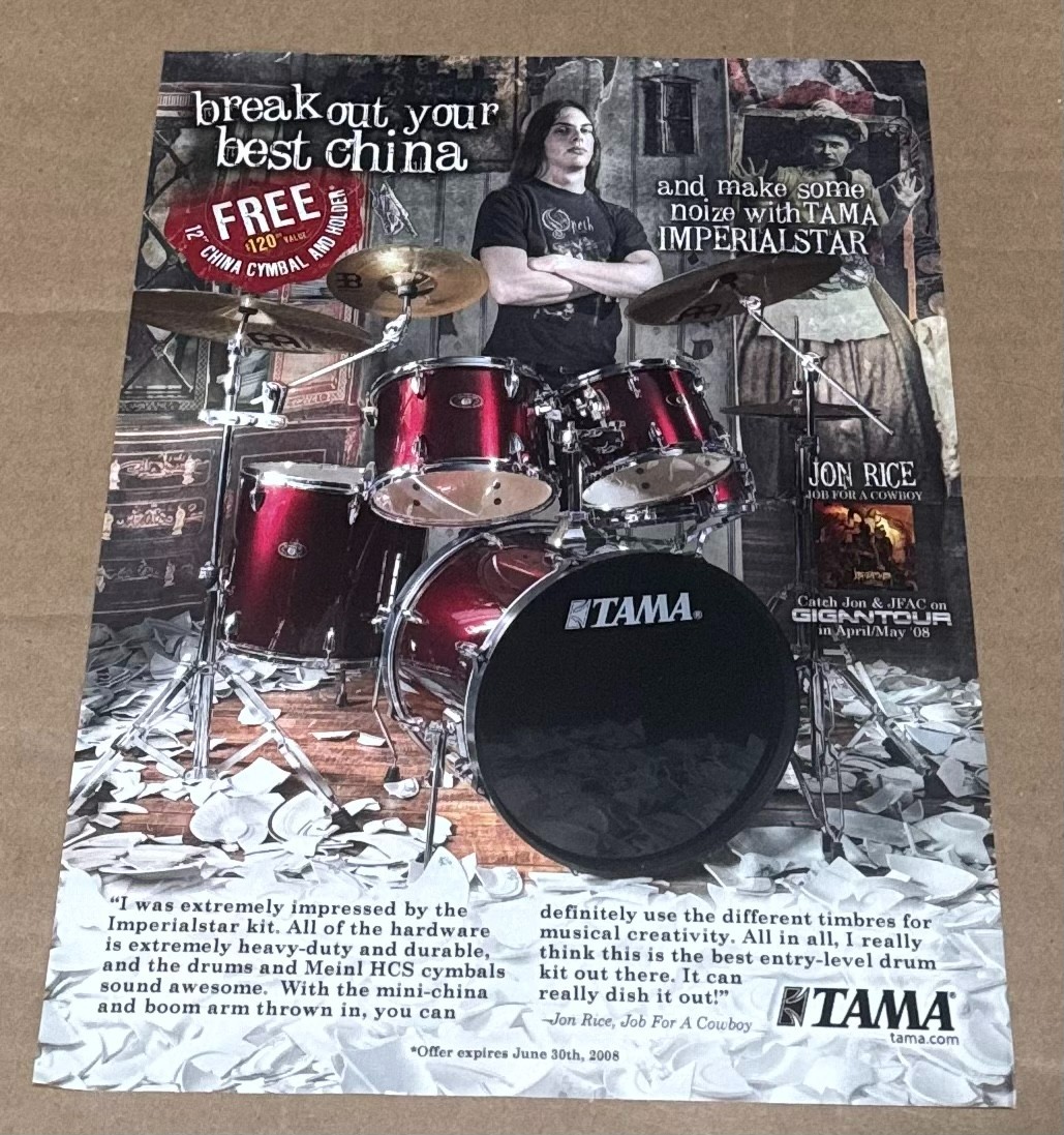 TAMA DRUMS - JON RICE of JOB FOR A COWBOY - 2008 Print Advertisement TAMA DRUMS - JON RICE of JOB FOR A COWBOY - 2008 Print Advertisement