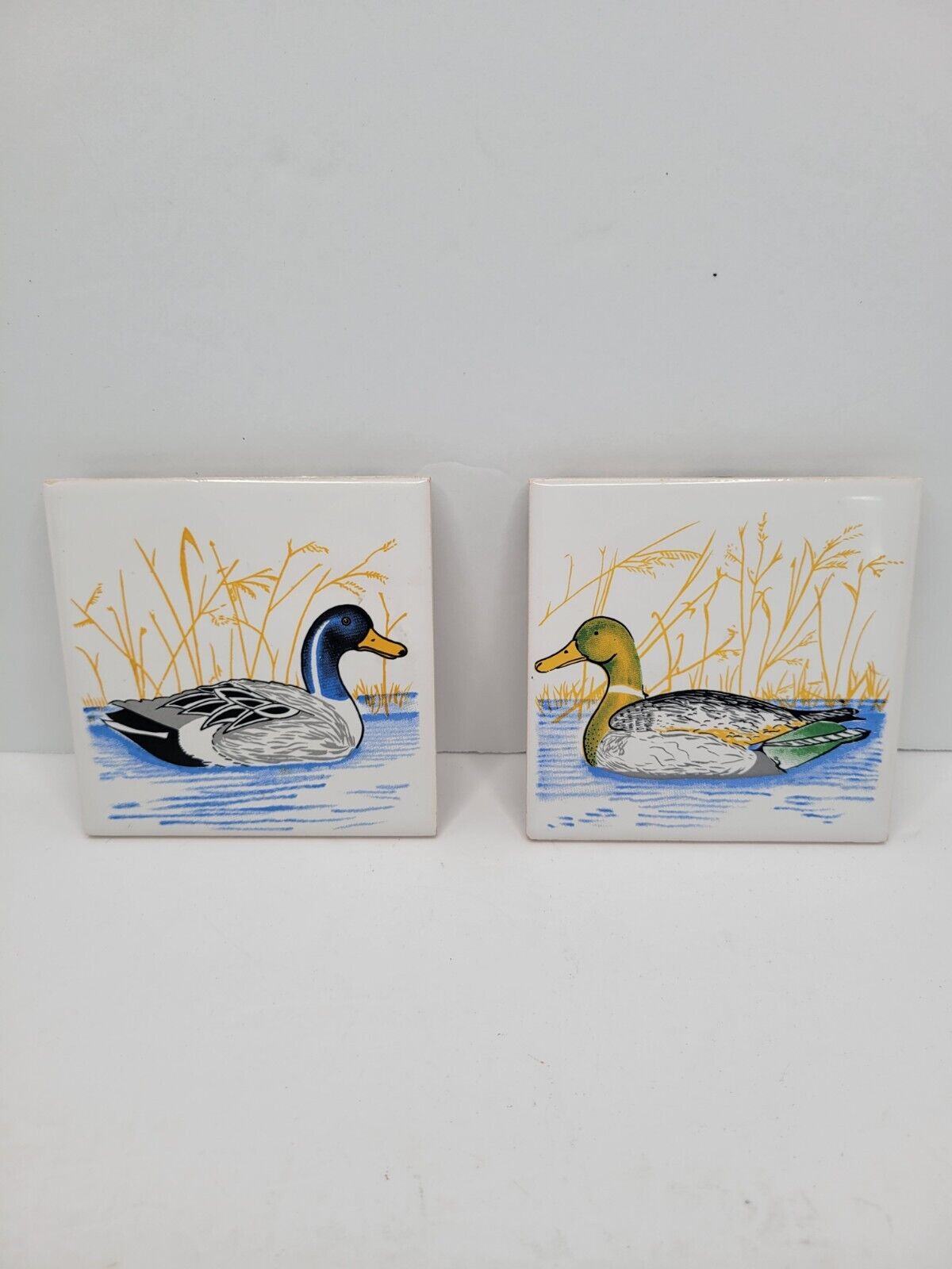 Vintage San Ho Trivets Tile Pair Of 2 Ducks In Water Nature 