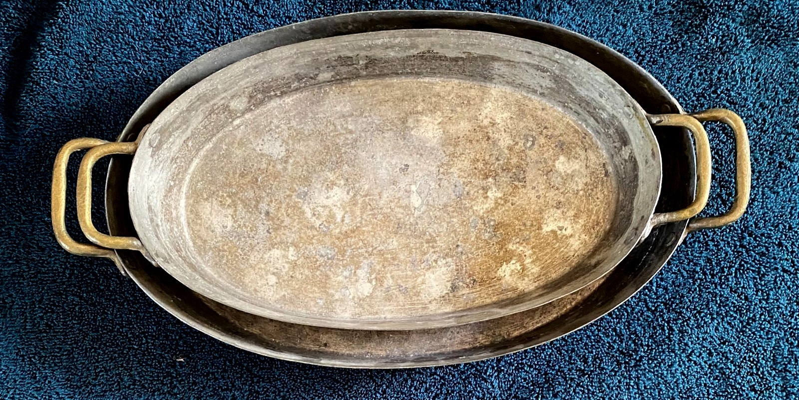 VTG ANTIQUE LATE 1800\'S COPPER NESTING AU GRATIN BAKING PANS 15.5\