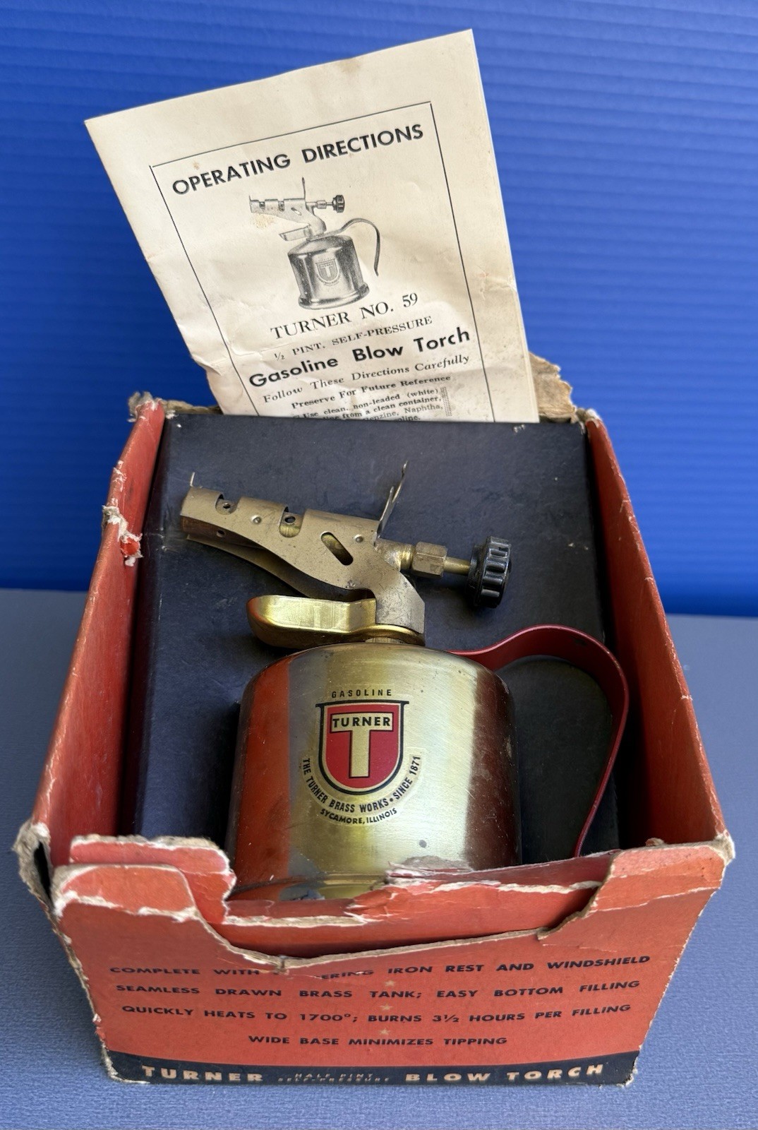 Vtg NOS Turner Brass Works #59 Sm. 1/2 Pint, Self-Pressure Gasoline Blow Torch