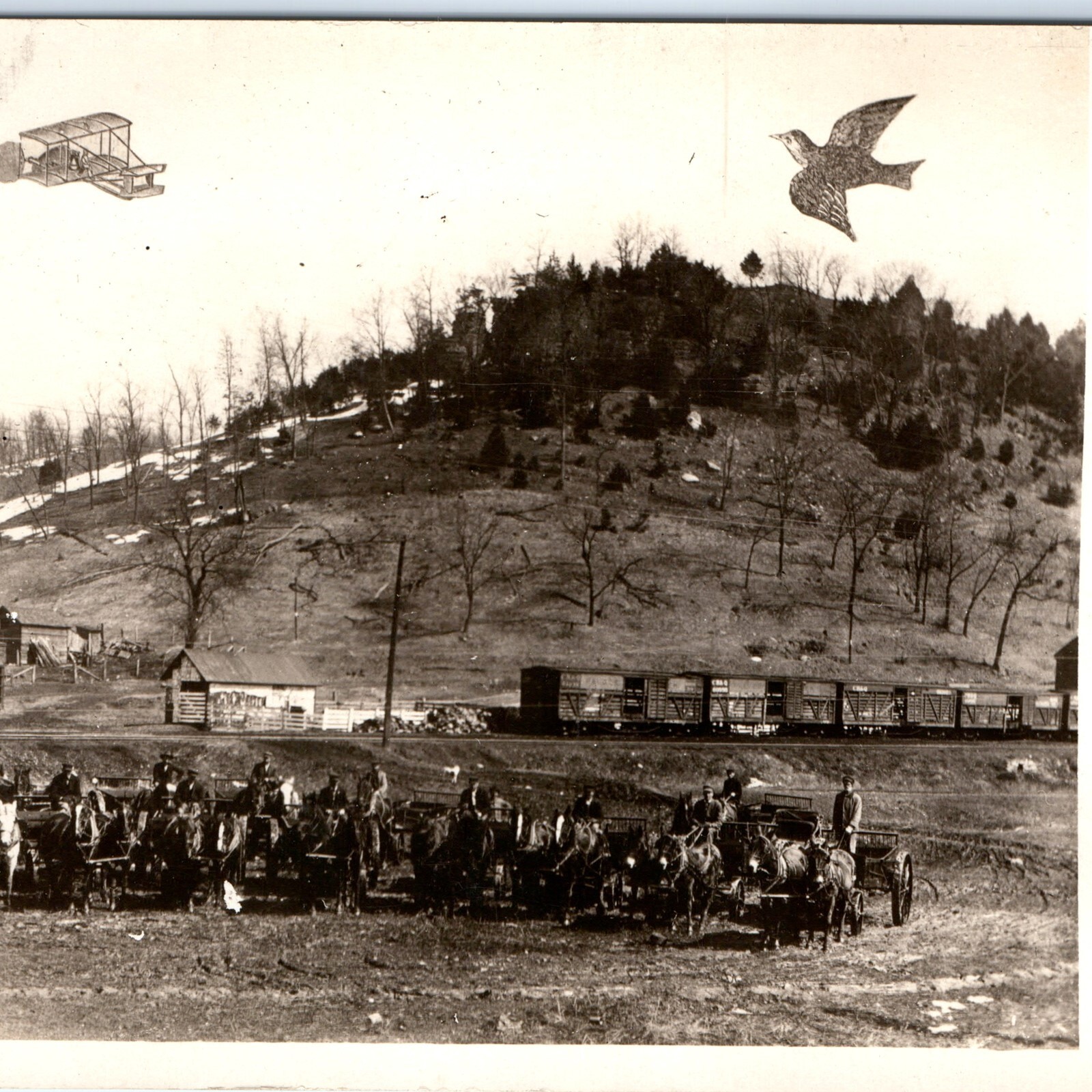 c1910s CB&Q Burlington Railroad Trains RPPC Wright Biplane Photo Edit Postcard