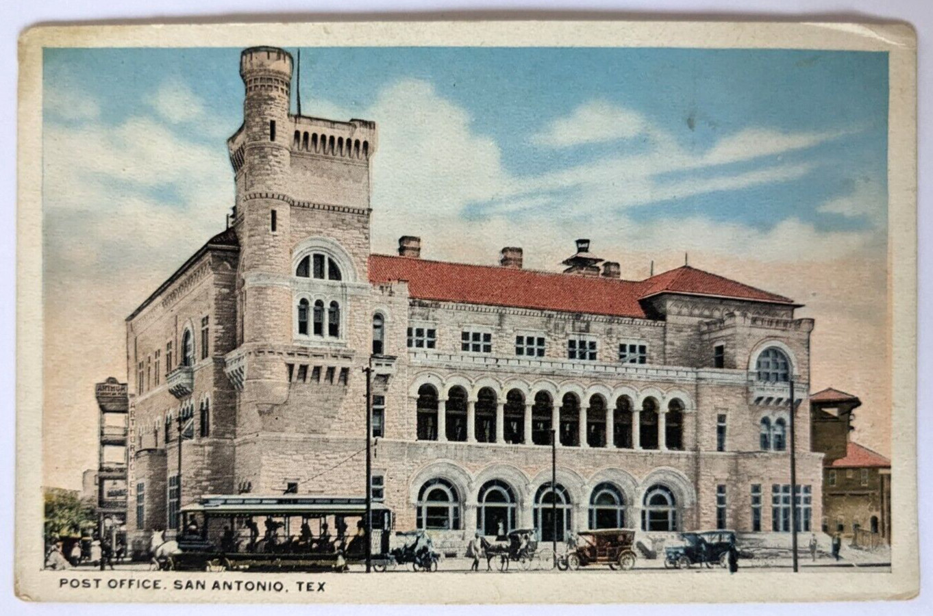 Post Office Building San Antonio Texas TX Street Scene Trolley Old Autos WB PC