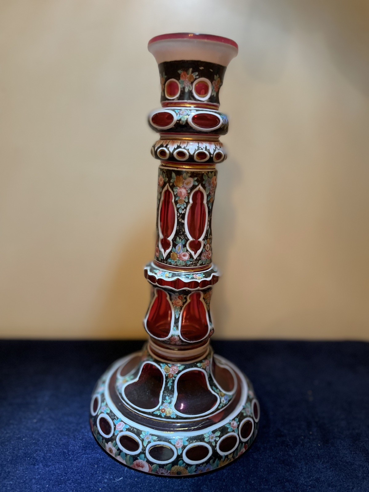 Antique Bohemian Cranberry Overlay Glass Candlestick Moser 