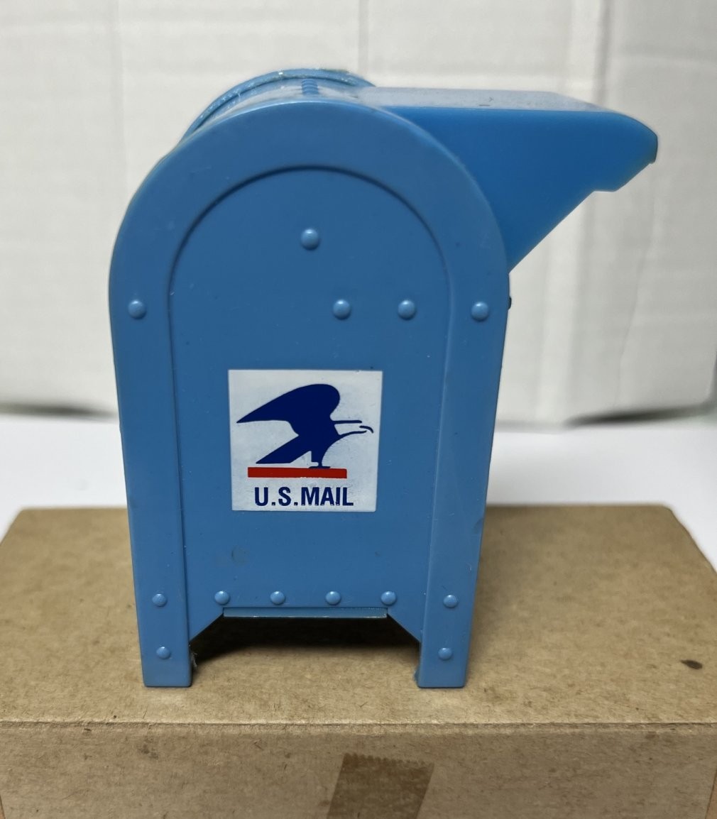 Vtg USPS Mailbox Stamp Roll Dispenser Moistener  Blue Plastic Desk Toy