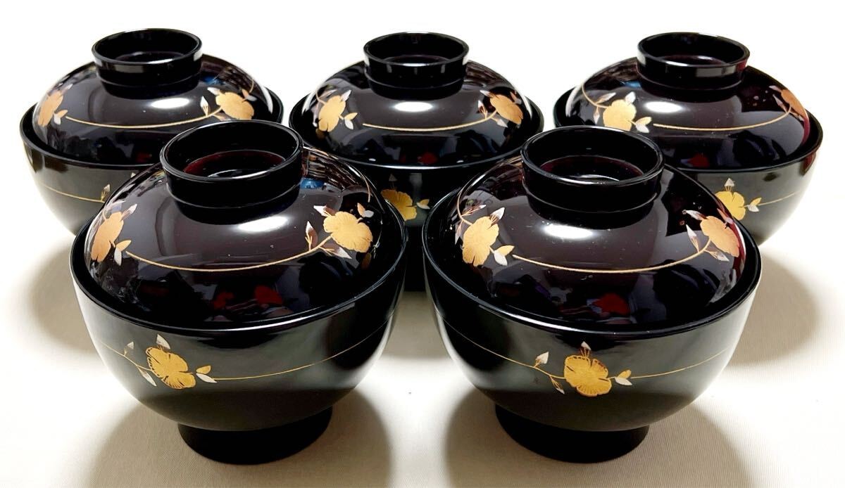 Lacquerware: Aizu lacquerware, dark red with camellia pattern, set of 5 Japan