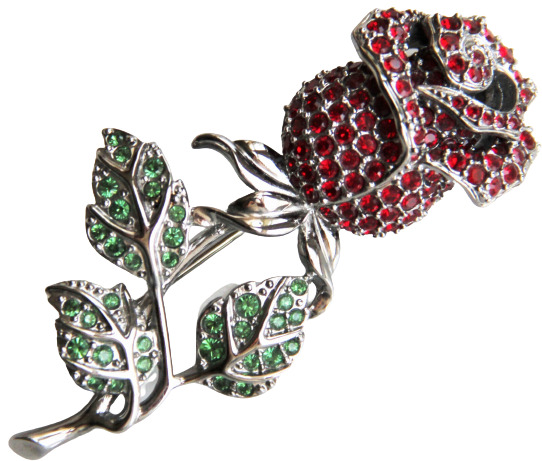 Swarovski Red Pave\' Crystal Rose Green Rhinestone Leaves Brooch Vtg Flower Pin