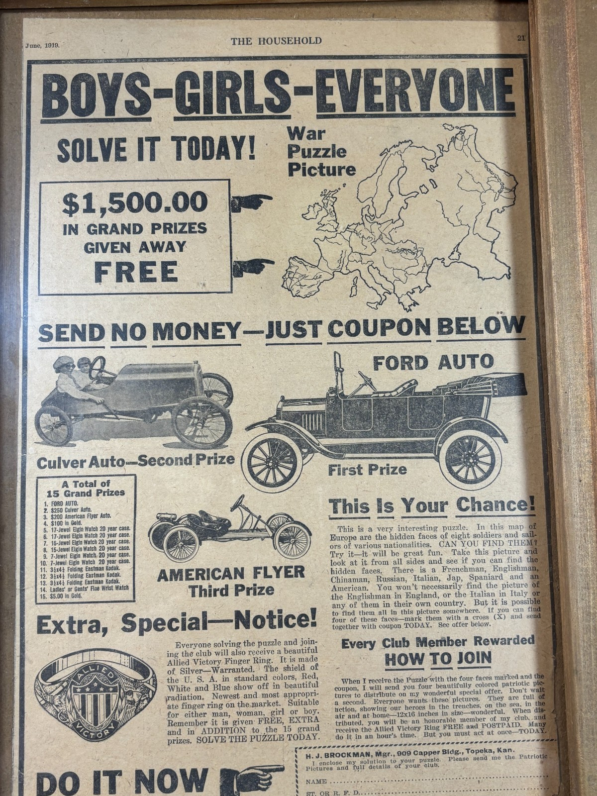 1919 Ford Auto Prize WWI War Puzzle Contest Ad Framed Antique Advertising