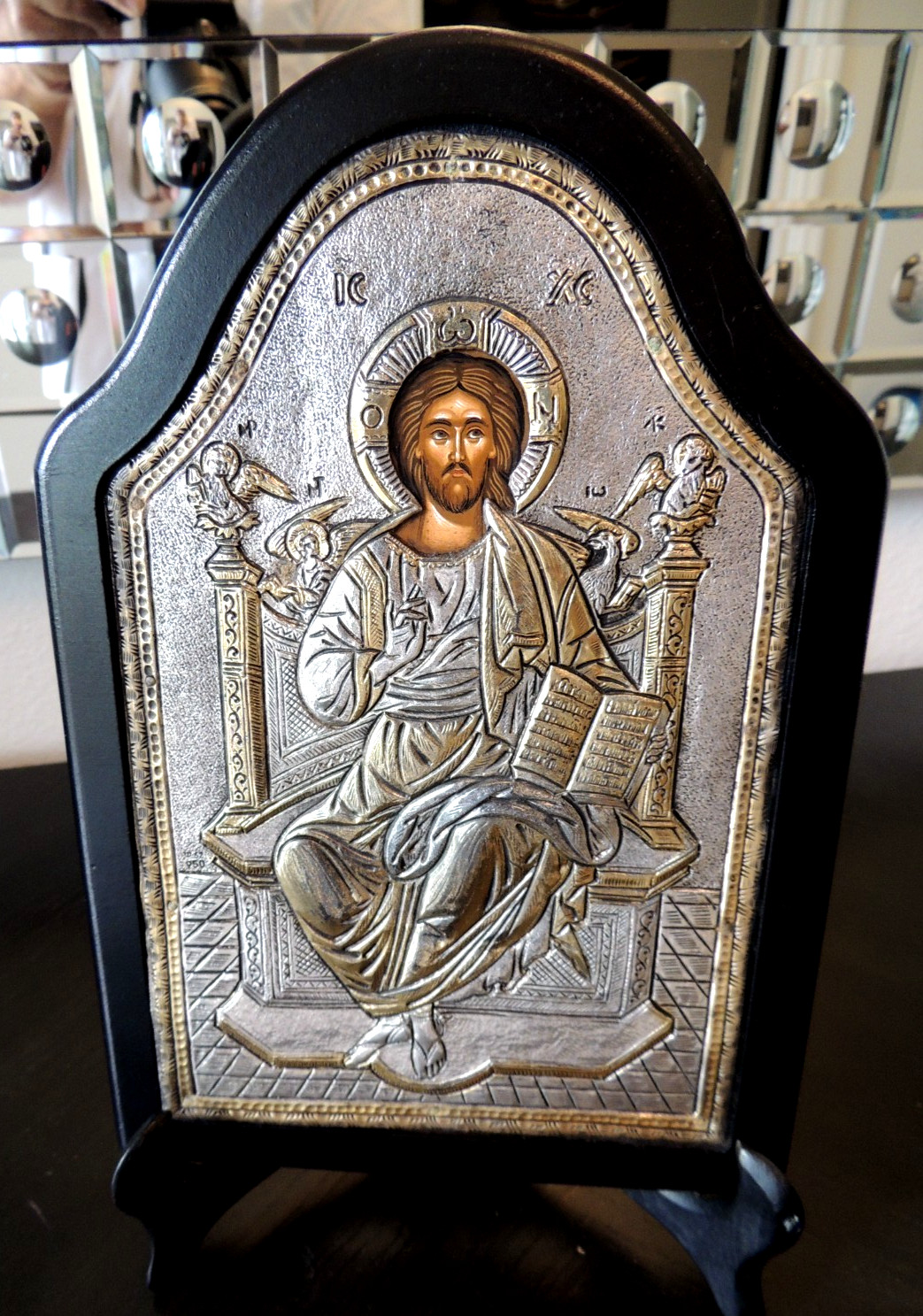 Greek Orthodox Christ Pantocrator Icon 950 Silver A.N. Asimotechniki Framed