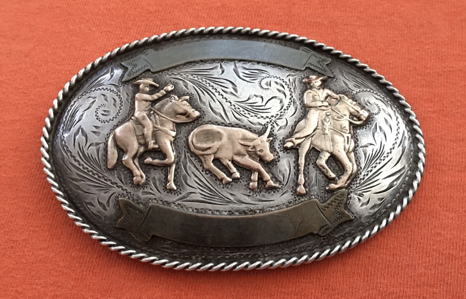 VTG Sterling Silver Team Roping Jalisco Eagle 50 Cowboy Rodeo Trophy Belt Buckle