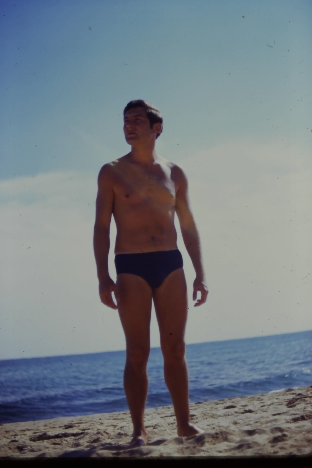 c1960's Kodachrome 35mm Slide Man Standing Beach Ocean Swim Briefs Horizon Sandy
