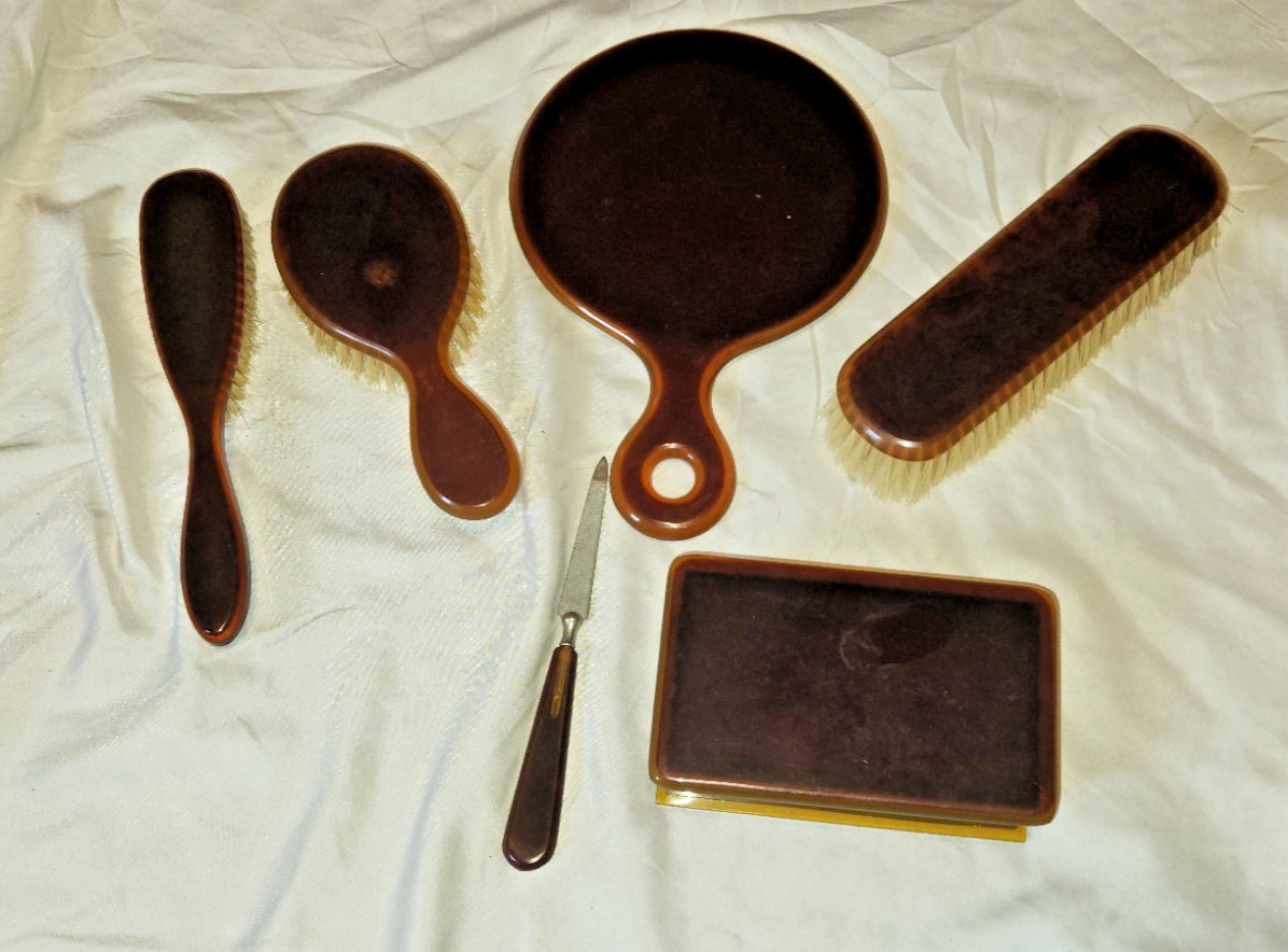 Antique Art DECO 6 Pc 1930's 2 toned celluloid vanity set tortoiseshell amber Antique Art DECO 6 Pc 1930's 2 toned celluloid vanity set tortoiseshell amber