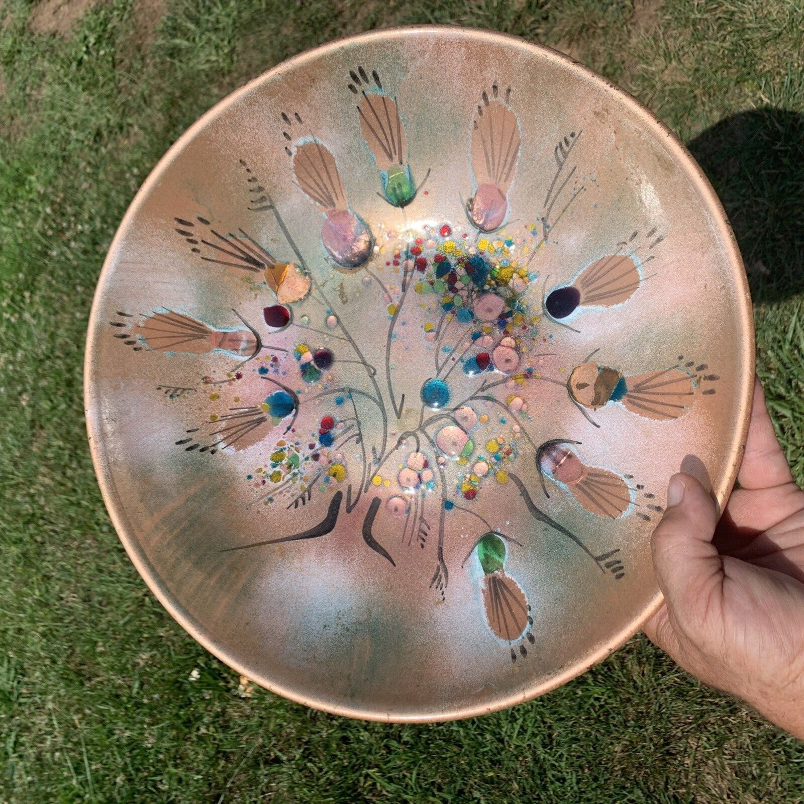 RARE Vintage 1940's PEACOCK Thumb Print Enamel Cloisonné Copper bowl ❤️sj11h5s