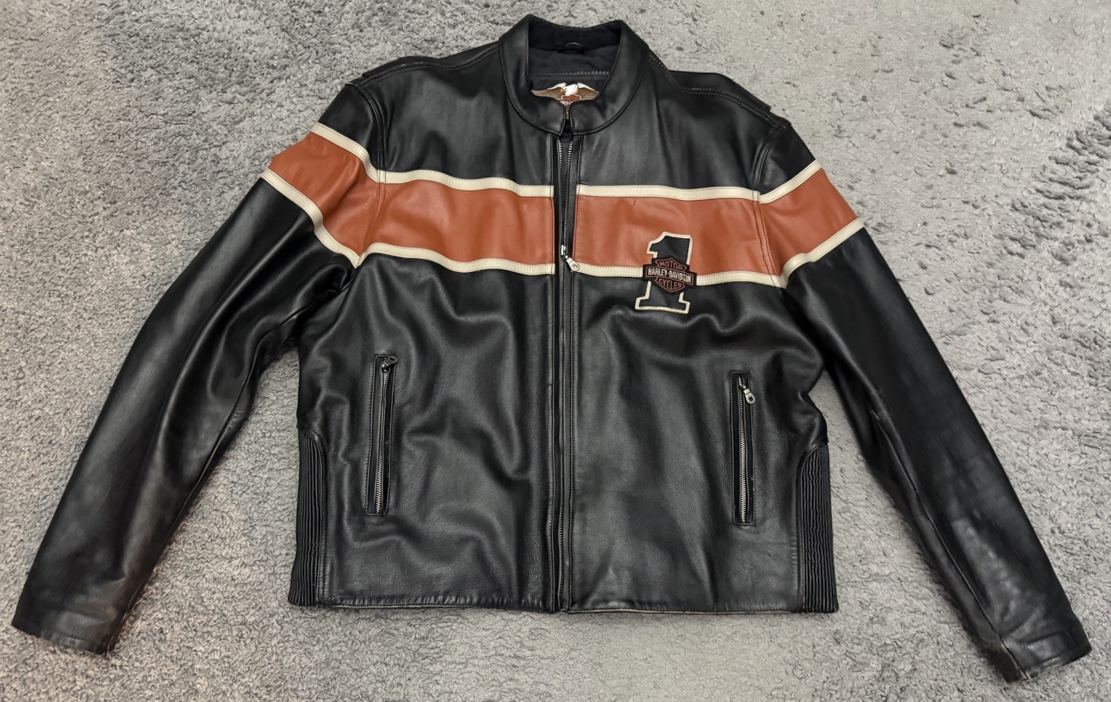 VINTAGE RARE HARLEY DAVIDSON 1 FULL ZIPP LEATHER JACKET SIZE 2XL BLACK & ORANGE