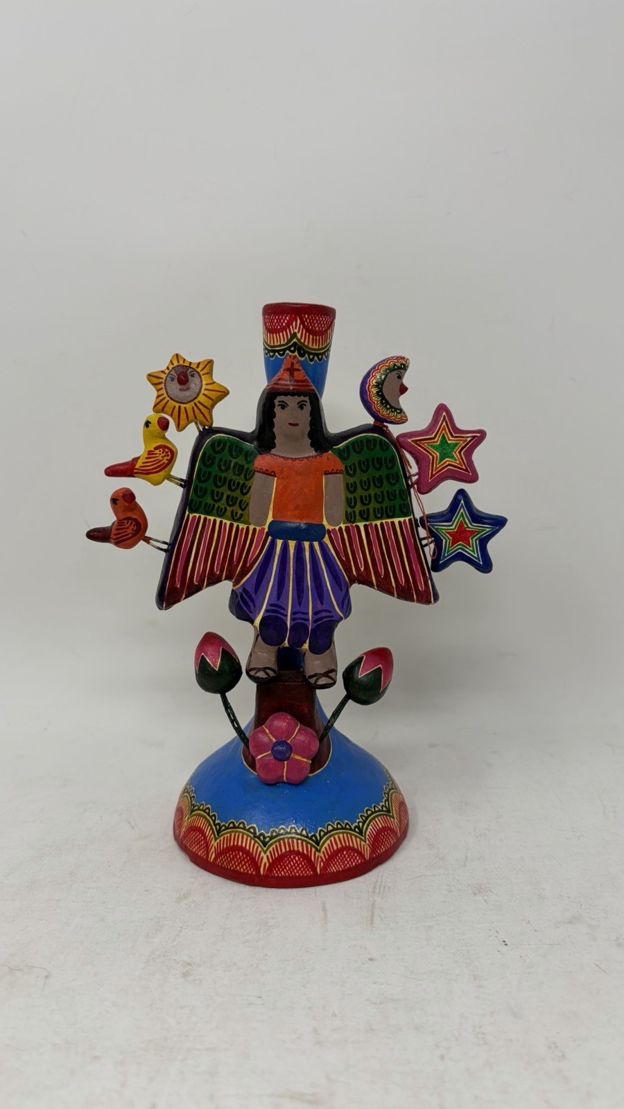 Vintage Mexican Folk Art Tree Of Life Candle Holder Pottery Ceramics Collectible