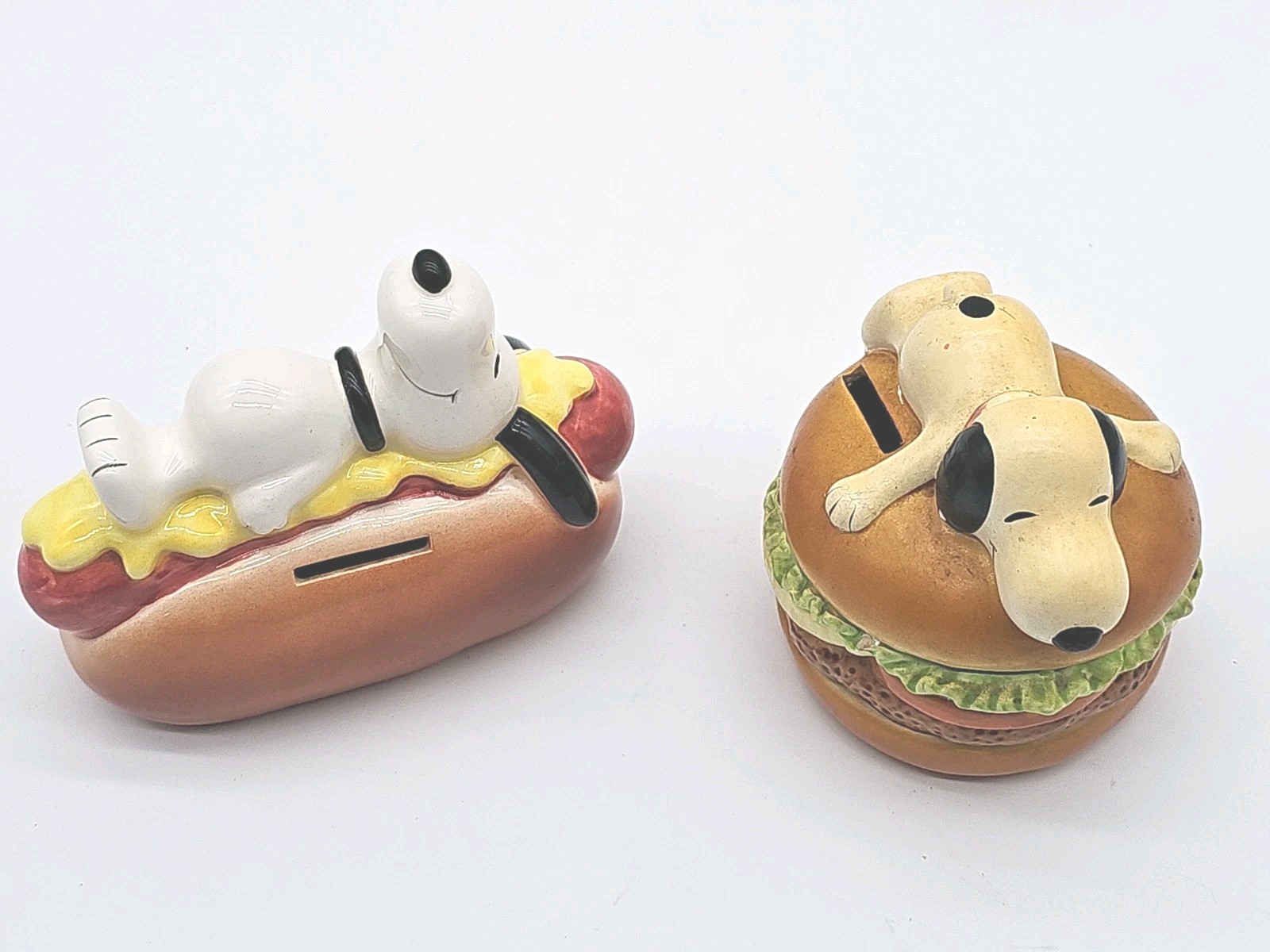 Vintage Snoopy Sitting on a Hot Dog & Hamburger Ceramic Banks United Feature Syn